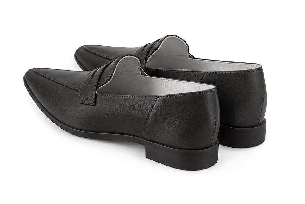 Women's charcoal gray classic penny loafers with almond toe and chunky rubber lug sole - Rear view